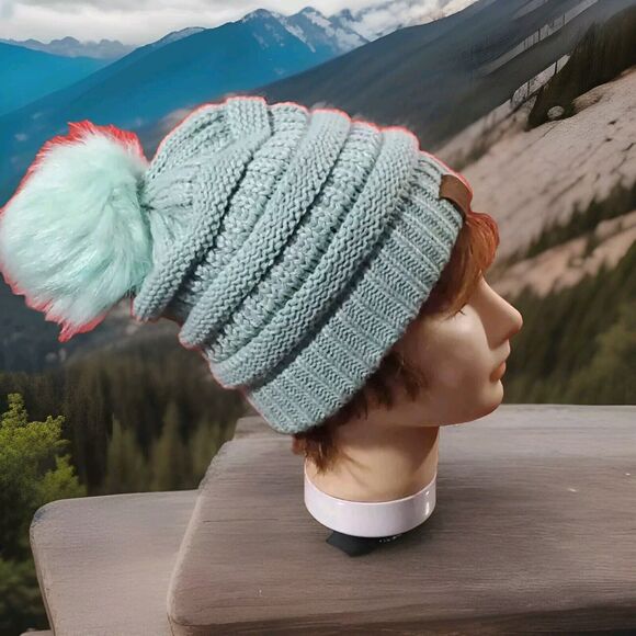 C. C Sek(Handmade)Mixed Lot Of 2 Knit Winter Pom Pom Bow Knit Hats Ponytail Hole - Picture 2 of 16